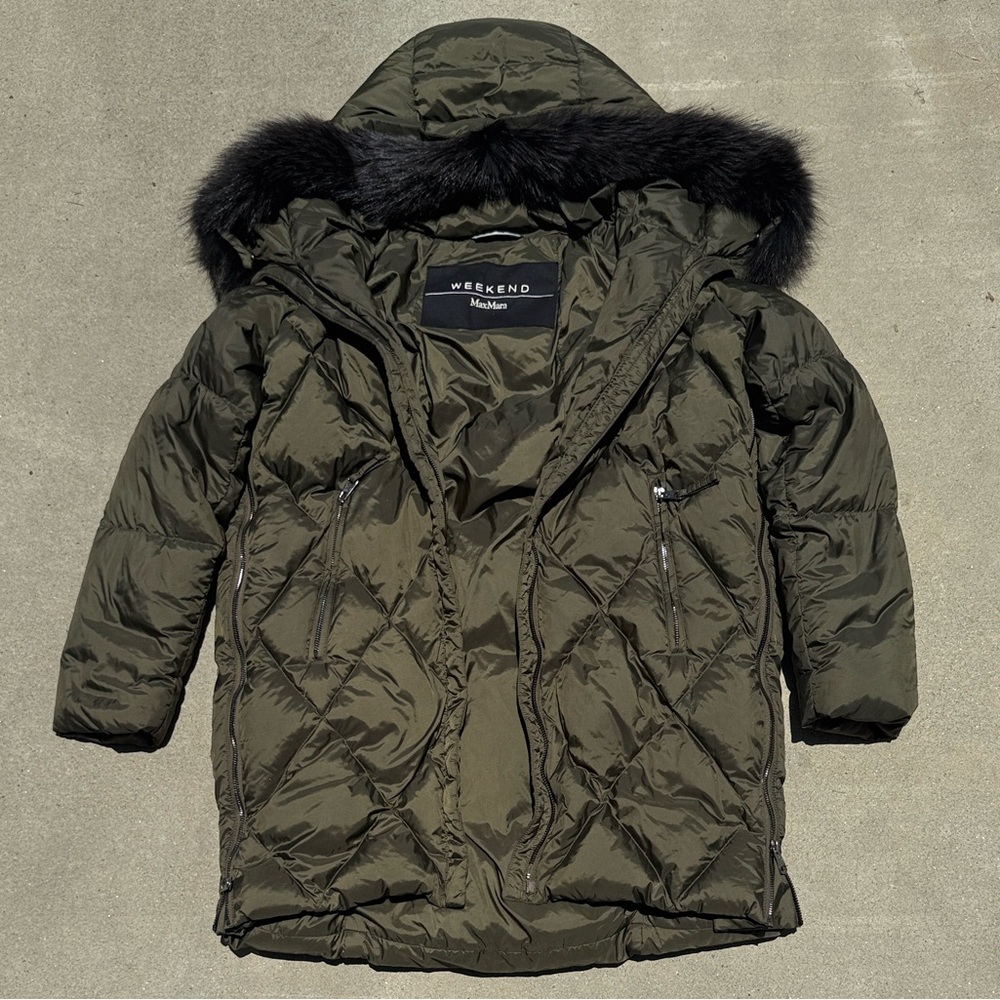 MaxMara Women’s Olive Puffer Jacket with Mink Fur Trim